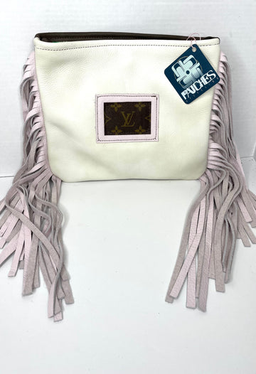 Medium Crossbody white in pink Patch- brown backing - Patches Of Upcycling