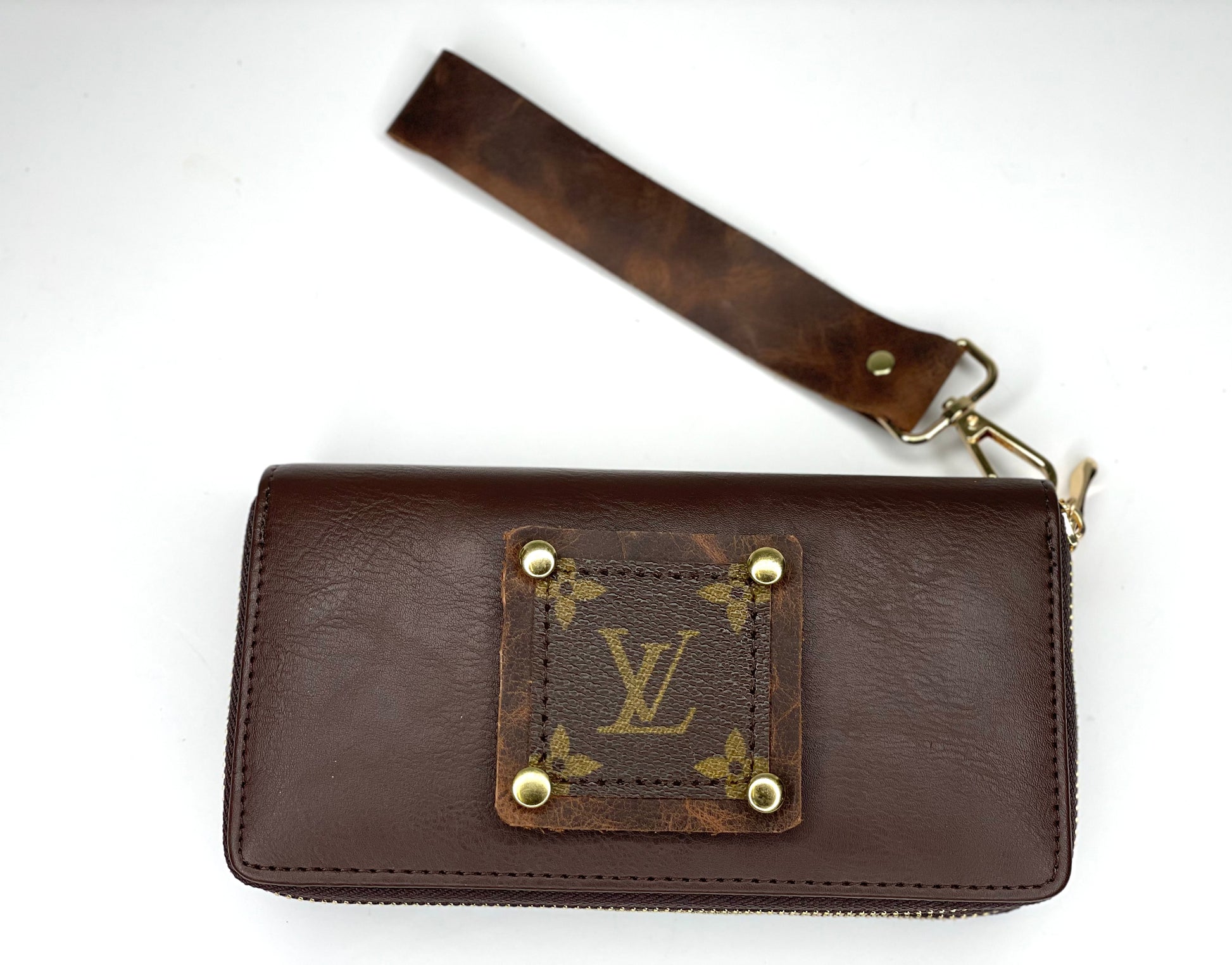 Double Wristlet Wallet Brown (brown patch, gold hardware) - Patches Of Upcycling